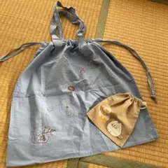 ヒコウセンカーラ猫さん持ち手付き巾着&ミニ巾着セット（ブルー）