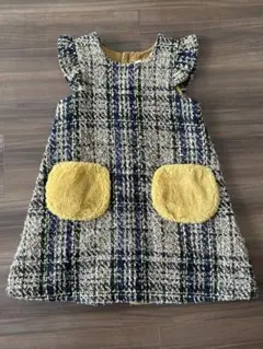 フリル袖ネイビー系チェックワンピース