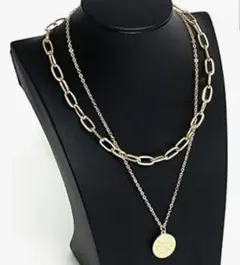 新品未使用 ゴールド二連チェーンコインペンダントネックレス 華やか 男女兼用