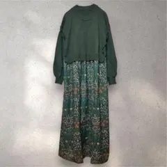 Ｆ　フラワープリント ニットワンピース　長袖　ダークグリーン　ロング