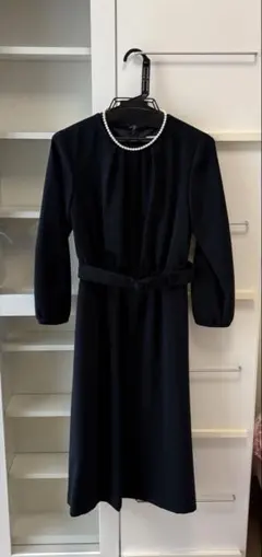美品 ナチュラルビューティー ネイビー 長袖 ワンピース ウエストベルト付き