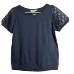 [新品]NATURAL BEAUTY BASICネイビー 半袖シャツ　レース袖M