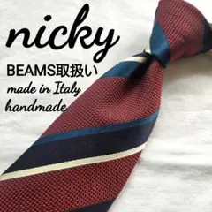 美品　nicky ストライプ　レッド　えんじ色　ネクタイ ハンドメイド　シルクのサムネイル