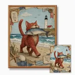 クロスステッチ　キット★大きな魚をくわえた茶トラ猫　14CT 30×40cm