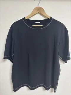 コントラストステッチT(5分袖) ブラック L