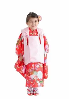 着物　七五三　3歳　レッド系　手毬　手鞠　花柄　フラワー　ピンク　ホワイト　白