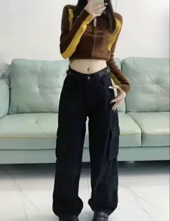 ブラック デニム カーゴパンツ