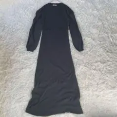 humpy 切り替えリブニットワンピース　異素材　ブラック　ロング◆A635