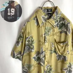 レトロ古着 総柄シャツ レーヨン ボタニカル柄 マスタードイエロー L 半袖