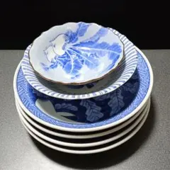 青と白の野菜模様の食器セット 大根柄の平皿4枚・小鉢１点、カブ柄小鉢１点