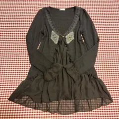 美品　axes femme レースフリル装飾 セミロングカーディガン アクシーズ