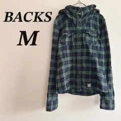 BACKS シャツジャケット M グリーン チェック フード付 平成ギャル