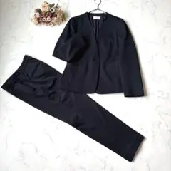 PLST プラステ ノーカラー パンツスーツ セットアップ M 濃紺 通勤