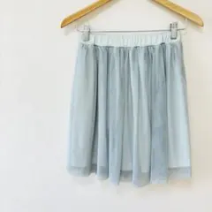 ウエストゴムチュールスカート　M　ライトグレー灰色系　裏地あり　ひざ丈　フレア