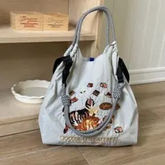 最終値下げ　刺繍 エコバッグ + ストラップ付き コーヒー猫 サイズM