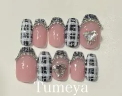 ♡*須様 ネイルチップ　韓国　ワンホン　ガーリー　ツイード　ふわもこ　ピンク　チ