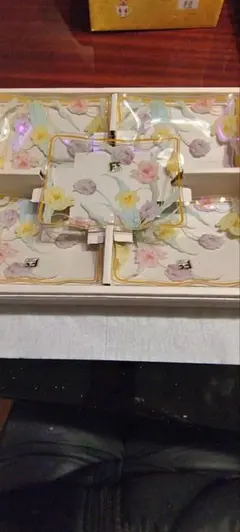 昭和レトロ 花柄ガラス小皿 5枚セット 箱付き