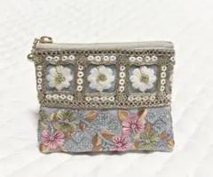 水色系　インド刺繍リボン　ポーチ　ハートキルト　ヌビポーチ　ミニポーチ　花柄