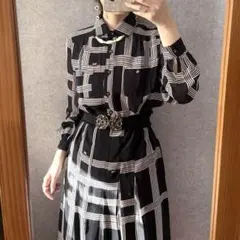 ヴィンテージ 昭和レトロ古着 ジオメトリック柄ワンピース ストライプ 総柄