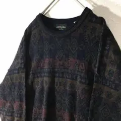 【個性派古着】イタリア製　長袖総柄デザインセーター　マルチカラー　ウール　L