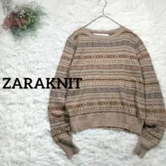 ザラ ニット セーター ノルディック風 総柄 アンゴラ混 エルボーパッチ M