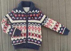 美品！ミキハウスDOUBLE.Bダブルビー Bくん付カウチン総柄ニットブルゾン