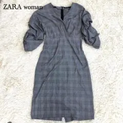 ZARA woman グレー系チェック ワンピース サイズL フリル袖