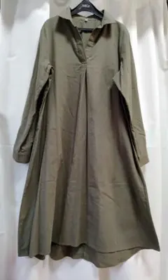 チュニックシャツワンピース　ロング丈　ミニ起毛　カーキ