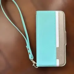 手帳型 iPhone SEケース ストラップ付き　ミントグリーン×ゴールド