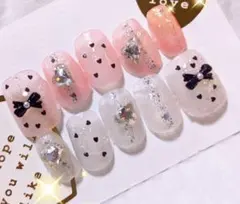 現品ピンク韓国ネイル♡クリスタル×ゴールド キラキラガーリーネイルチップ 現品