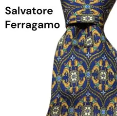 【美品】Ferragamo フェラガモ ネクタイ 総柄 ネイビー