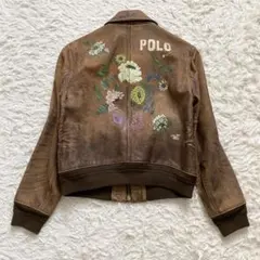 美品■ポロラルフローレン　花柄ペイント　本革　レザージャケット　ヴィンテージ加工
