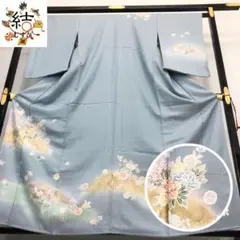 MK-1355 訪問着 菊や牡丹の花模様 金彩 薄浅縹色