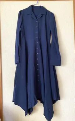 タグなし　ネイビー　膝丈　長袖　シャツワンピース　シャツワンピ　ワンピース