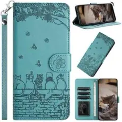 Pixel 7A 手帳型ケース　猫　ターコイズブルー　ストラップ　レザー　カード