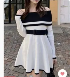 オフショルダー ニットワンピース ホワイト・ブラック