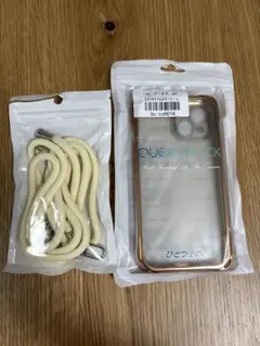 iPhone15ケース クリア×ゴールド ストラップ付き