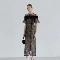 【LEJA】3WAYフラワーチュールアシンメトリーIラインワンピースドレス（S）