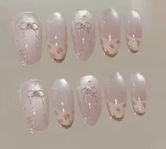 ヌーディーピンク レオパード柄×お花モチーフ ネイルチップ　即購入可能