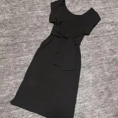 ロイヤルパーティー 黒 リブニット 半袖ロングワンピース ウエストリボン付き