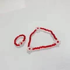 ビーズアクセサリー お花 韓国 ブレスレット 指輪 ハンドメイド