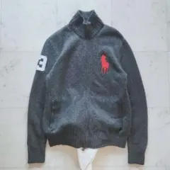 美品 ラルフローレン ニットジャケット ポニー刺繍 グレー ゆったり ウール