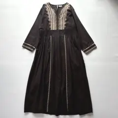 【美品】khakito インドコットン シーチング 刺繍　 ワンピース　ブラウン
