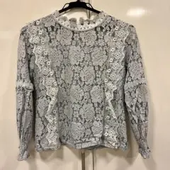 グレー 花柄レース 長袖ブラウス