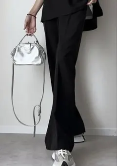 【新品】Re:EDITストレッチミックスツイルセミフレアパンツLブラック