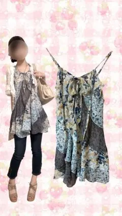 リズリサ系 姫カジ 森ガール 花柄キャミワンピース パッチワーク