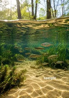 清流と魚たちの幻想的なデジタルアート A4