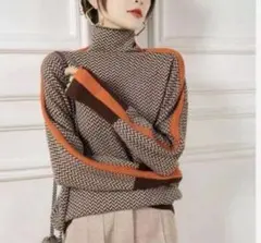 ニット　ハイネック　ブラウン　オレンジ　ベリーボーン柄　ボトルネック　韓国　冬