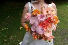 造花　オレンジブーケ ブートニア付き