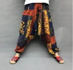 【再入荷】アジアン エスニック 柄 アラジン サルエルパンツ ゴム 赤 男女兼用